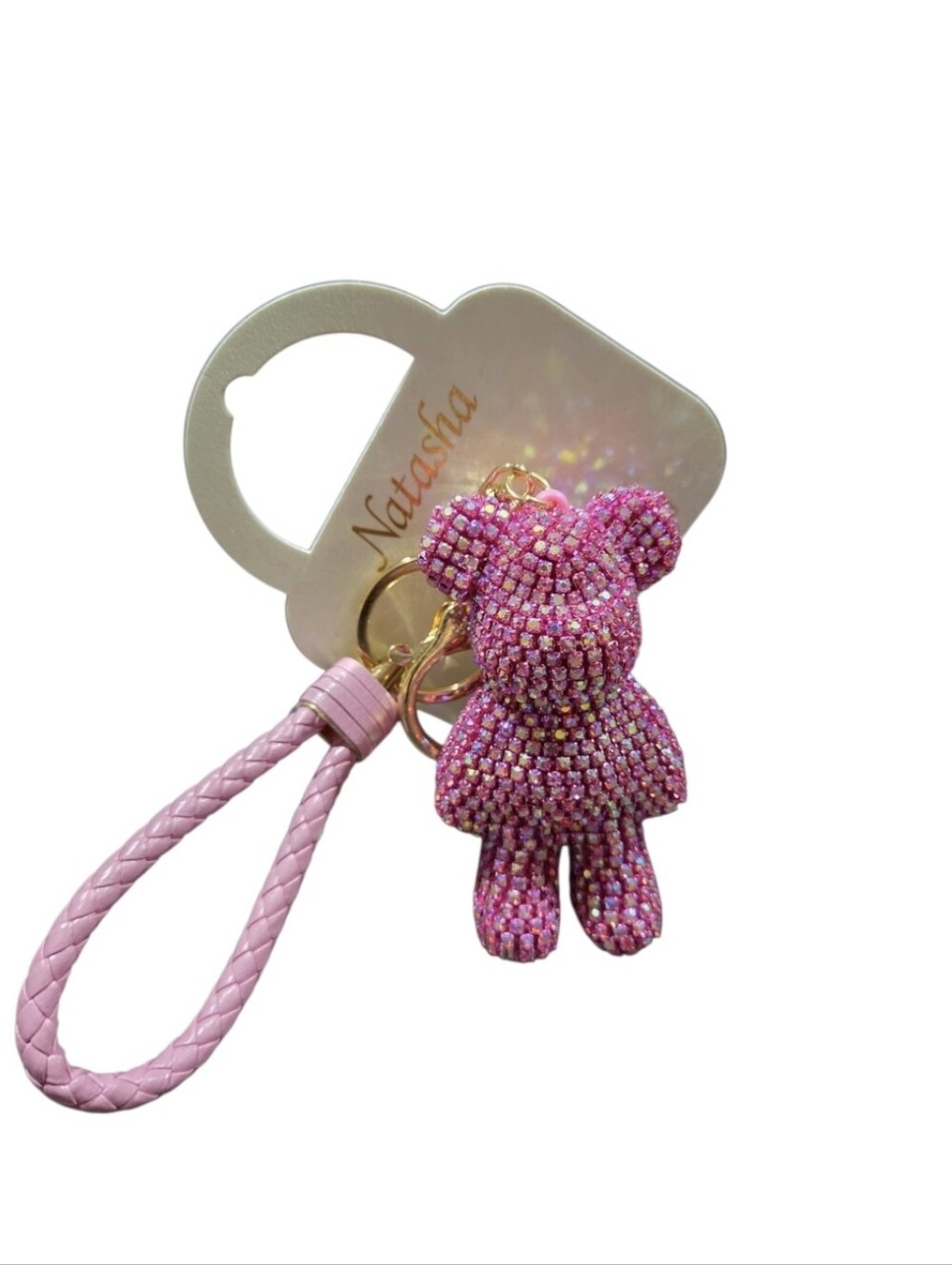 Natasha Couture Sparkling Pink Crystal Teddy Keyring with Braided Wristlet
